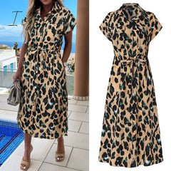 Ingvn - Summer Sundress Women Elegant Dress Plus Size Short Sleeve Casual Loose Buttons High Waist Work Midi Vestidos Robe