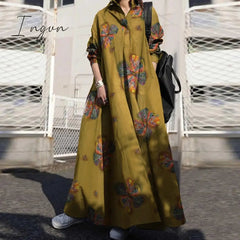 Ingvn - Summer Stylish Women Vintage Long Sleeve Loose Sundress Casual Long Maxi Dress Kaftan Femme Solid Party Vestido Robe