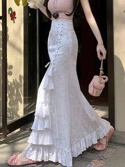 Print Vintage Long Skirt Women Casual Ruffles England Sweet Trumpet Skirts Retro Lace Up Elegant Female Design Long Skirt