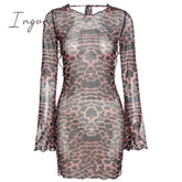Ingvn - Summer Dresses For Women Leopard Print Backless Dress Women Long Sleeve Mesh Dress Spring Halter Transparent Sexy Club Dress Vestidos