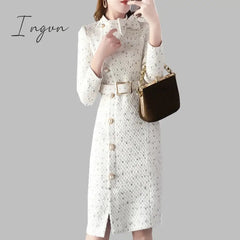 Ingvn - New Arrival Autumn And Winter Runway Women Elegant Tweed Dress Bow Collar Long Sleeve Female Fashion Chic Vestidos