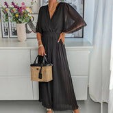 Ingvn - Women V Neck Short Sleeve Office Romper Elegant Casual Solid Color Long Jumpsuits Fashion Simple Elastic Waisted Pleated Rompers