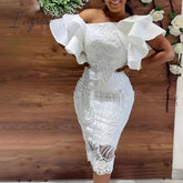 Ingvn - 2023 Summer Fashion Midi Dress Elegant Evening Party White Dresses for Women Classy Prom High-waist Lace Ruffle Female Clothing