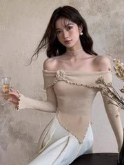 Korean Fashion Off Shoulder Sweater Women Fairycore Aesthetic Knitted Jumper Mujer Chic Elegant Long Sleeve Top Spring