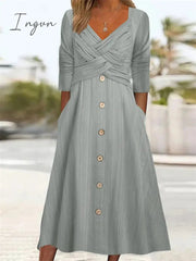 Ingvn - Women's Casual Dress Summer Dress Pleated Dress Plain Ruched Button V Neck Midi Dress Fashion Mature Outdoor Street Half Sleeve Loose Fit White Purple Green Summer Spring S M L XL XXL