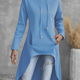 Solid Color Hig-low Hoodie, Casual Long Sleeve Drawstring Hoodie Sweatshirt, Women's Clothing