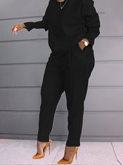 Solid Casual Two-piece Set, Crew Neck Long Sleeve Tops & Wide Leg Long Length Pants Outfits, Women's Clothing