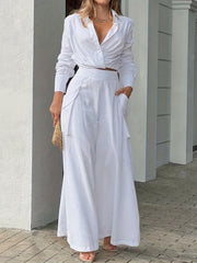 Two-piece Set, Long Sleeve Casual Matching Women's Clothing, Wide Leg Pants Outfits Blouse