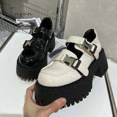 Ingvn - Patent Leather Platform Oxford Shoes for Women 2023 Autumn Winter Casual Buckle Flats Woman Black Chunky Shoes Zapatillas Mujer