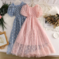 Ingvn - Embroidered Off-Shoulder Dresses Fairy Chic Gentle Dress Female New Style Sweet Daisy Printed Mesh Long Floral Dress Female