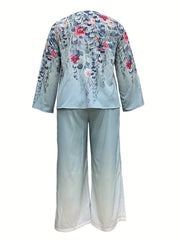 Plus Size Casual Outfits Set, Women's Plus Floral Print Long Sleeve Round Neck Top & Wide Leg Pants Outfits Two Piece Set
