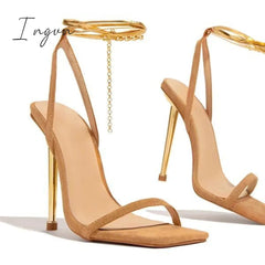 Ingvn - Herringbone Adjustable Ankle Chain Open Squared Toe Heels