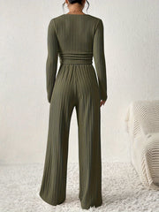 Women'S Fashion Set, Long Sleeve Round Neck Crop Top with Wide Leg Pants, Solid Color, Polyester Knit, Autumn/Winter Collection