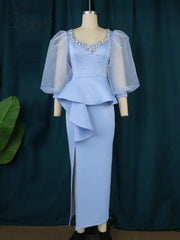 Ingvn - Chic Women Long Dresses Beaded Sweetheart Neck Tulle Long Sleeve High Waist Slit Dress Elegant Date Night Business Club Wear 3XL