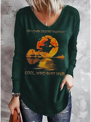 Ingvn - Women's T shirt Tee Tunic Black Blue Green Letter Ghost Print Long Sleeve Halloween Basic V Neck Regular Loose Fit S