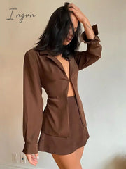 Ingvn - Turn-down Collar Button Women Two Piece Set Brown Long Sleeve Top High Waist Skirt Women Autumn Sexy Slim Office Outfits