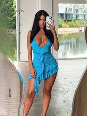 Ingvn - Halter Backless Ruffles Mini Dress Women Blue Sleeveless Backless Irregular Gown Fashion Bodycon Pleated Sexy Dress