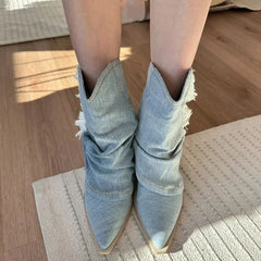Ingvn Pointed Toe Denim Women Western Cowboy Boots Fashion Slip On Short Booties Retro Style Autumn Winter Female Shoes
