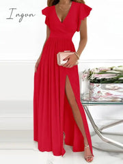 Ingvn - Female Short Butterfly Sleeve Split Fork Party Dress Solid Slim V Neck High Waist Dress Women Casual Summer Maxi Dress Vestidos