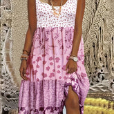 Plus Size Women's Bohemian Chic Colorblock Ditsy Floral Print Round Neck Smock Tank Dress - Relaxed Fit, V-Neckline, Short Sleeves, Flowy Design - Perfect for Summer, Casual, Outdoor Activities