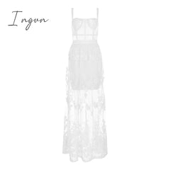 Ingvn - High Quality Red White Black Lace Sleeveless Hollow Out Long Rayon Bandage Dress Evening Party Elegant Dress