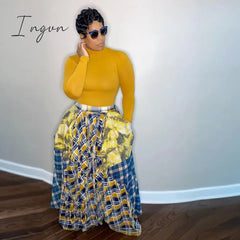 Ingvn - Womens Fashion Ladies Fashion Stitching Printed Plaid Young Fashion Casual Bohemian Super Loose Multicolor Skirt