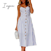 Ingvn - Vintage Casual Sundress Female Beach Dress Midi Button Backless Polka Dot Striped Women Dress Summer Boho Sexy Floral Dress