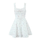 Sexy Slim Fit Short Floral Print Dress For Women Sleeveless Lacing Up A Line Holiday Party Dresses Summer Corset Robe