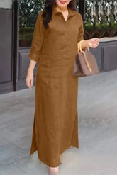 Ingvn - Casual Simplicity Solid Pocket Turndown Collar Shirt Dress Dresses