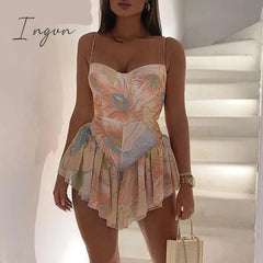 Ingvn - Women Spaghetti Strap Blooming Floral Print Ruffles Irregular Dress Mini Dress Elegant Fashion Chic Dress