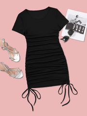 Womens Ruched Skinny Dress - Adjustable Drawstring Waist, Solid Color, Short Sleeve, Crew Neck, Chic and Versatile Casual Wear for Women