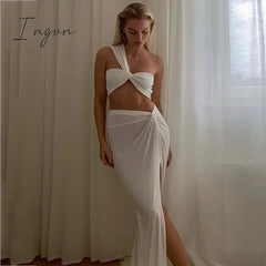 Ingvn - 2023 Fashion Trends Sexy Strapless Wrap Top and Split Maxi Skirts Fall Sleeveless Outfit Two Piece Set Night Club Party Matching Set