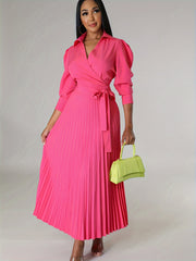 Solid Pleated Dress, Elegant Knotted V Neck 3/4 Sleeve Dress, Women's Clothing