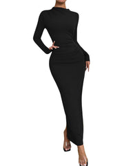 S-2XL Fashion Autumn Women's Slim Fit Long Dress, Long Sleeved Slit Pleated Dress, Elegant Party Wedding Dress