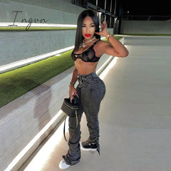 Ingvn - Grey Split Denim Stacked Pants Zip Up Baddie Style Streetwear Pencil Jeans For Women High Waist Bodycon Ruched Trousers