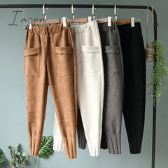 Ingvn - Casual Autumn Winter Women Pants Korean Elastic High Waist Pockets Suede Harem Pants Trousers Women Pantalon Femme