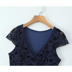New Women Navy Blue Floral Print Mesh A-line Midi Dress High Waist V Neck Short Sleeve Summer Dresses Vintage Robe