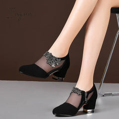 Ingvn - 2024 Women High Heel Shoes Mesh Breathable Pumps Zip Pointed Toe Thick Heels Fashion Female Dress Shoes Elegant Footwear