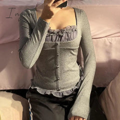 Ingvn - Harajuku Patchwork Crop Tops Y2K Aesthetic Long Sleeve T-Shirt Women Casual Square collar Tee Shirts Vintage Grunge New