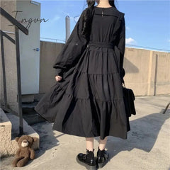 Ingvn - Gothic Style Dress Women Harajuku Gothic Lolita Kawaii Dress Punk Cute Long Sleeve Black Midi Dress Emo Mall Goth