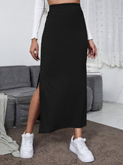 Feminine Solid High Waist Split Midi Skirt - Flattering Bodycon Pencil Silhouette, Casual Everyday Wear for Women, Chic Midi Length with Trendy Split Detail, Comfortable High Waist Design
