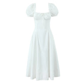 New Women Sexy Off Shoulder Elegant Party Dresses Short Sleeve Lace Up Back A-line Midi Summer Dress Blue White Robe