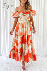 Ingvn - Sweet Elegant Floral Hollowed Out Off the Shoulder Printed Dress Dresses