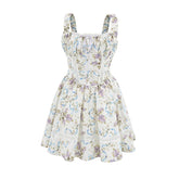 Floral Print Tank Mini Dress Women Lace Spliced O Neck Sleeveless A-line Holiday Casual Summer Dresses Party Robe