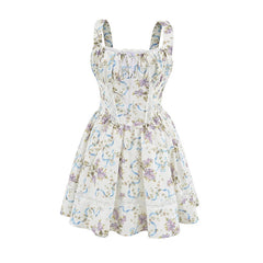 Floral Print Tank Mini Dress Women Lace Spliced O Neck Sleeveless A-line Holiday Casual Summer Dresses Party Robe