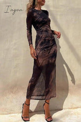 Ingvn - Casual Vintage Gradual Change Print See-through O Neck Long Sleeve Dresses