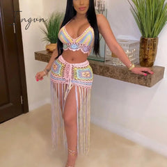 Ingvn - Sexy Crochet Tassel Two Piece Skirt Set Beach Dress Suit Summer Outfit Womens 2 Piece Matching Sets
