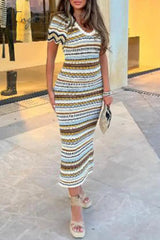 Ingvn - Celebrities Elegant Striped Contrast Weave V Neck One Step Skirt Dresses