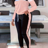Plus Size Casual Outfits Two Piece Set, Women's Plus Colorblock Long Sleeve Round Neck Top & Pants Outfits 2 Piece Set