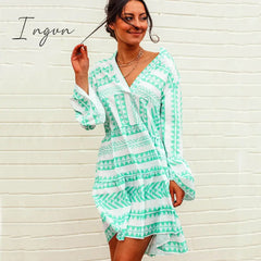 Ingvn - V neck Swing Women Daily Cotton Bell Sleeve Printed Tribal Summer Dress
